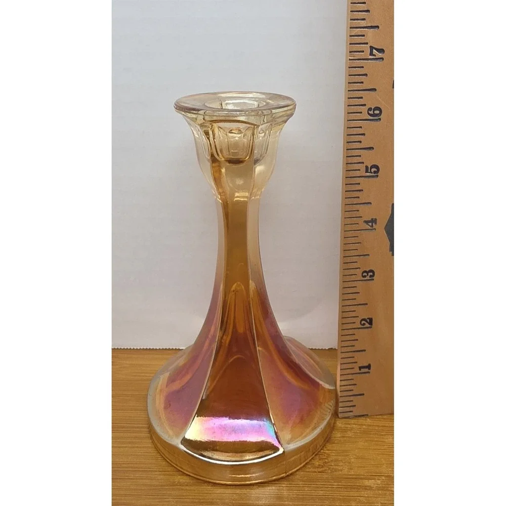 Vintage Marigold Carnival Glass Candle Holder Candlestick Decorative Iridescent